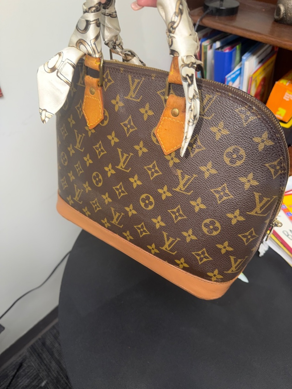 Louis Vuitton Alma Brown Monogram Satchel with Tan Trim and Red Accent Scarves - Picture 12 of 14